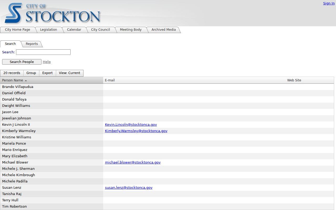 San Joaquin County people directories showing Stockton officials in Legistar