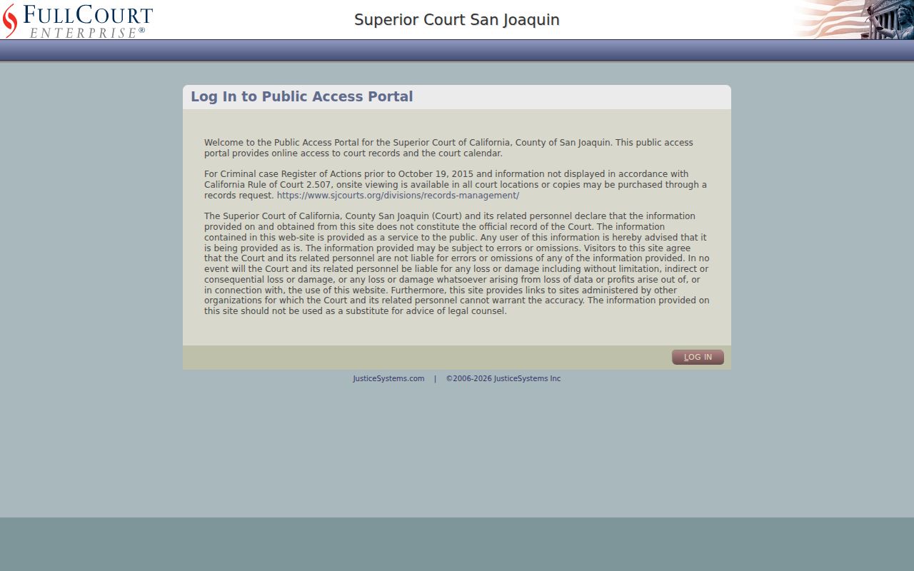 San Joaquin County open records FullCourt portal and older case notice