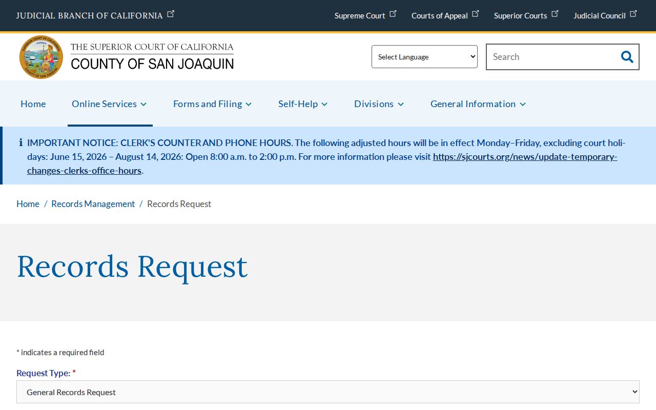 San Joaquin County records request form for Superior Court files